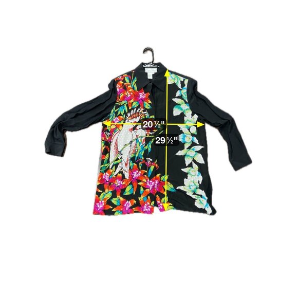 Diane Gilman Black Silk Shirt Cockatoo Tropical Bird Floral Print Sz Medium - Picture 7 of 10